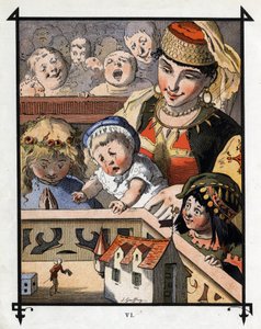 Lemuel Gulliver, na terra dos gigantes de Brobdingnag, é um curioso para as crianças. Ilustração para "Gulliver