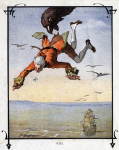 Lemuel Gulliver é levado por uma águia. Ilustração para "Gulliver