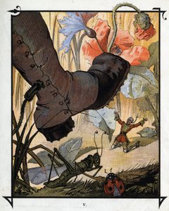 O pé gigantesco de um residente de Brobdingnag não consegue esmagar Lemuel Gulliver na grama alta. Ilustração para "Gulliver