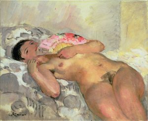 Mulher nua com um leque