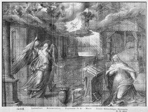 Vida de Cristo, Anunciação, estudo preparatório de desenhos animados de tapeçaria para a Igreja Saint-Merri em Paris, c.1585-90 (Pierre Noire und Wash und White destaca no papel)