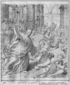 Vida de Cristo, Jesus perseguindo os mercadores do Templo, estudo preparatório de desenhos animados de tapeçaria para a Igreja Saint-Merri em Paris, c.1585-90 (Pierre Noire und Wash und White destaca no papel)
