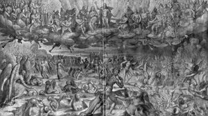 Vida de Cristo, Juízo Final, estudo preparatório de desenho animado de tapeçaria para a Igreja Saint-Merri em Paris, c.1585-90 (Pierre Noire und Wash und White destaca no papel)