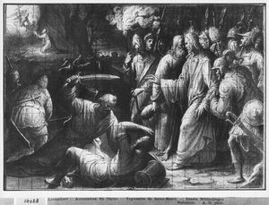 Vida de Cristo, A prisão de Cristo, estudo preparatório de desenhos animados de tapeçaria para a Igreja Saint-Merri em Paris, c.1585-90 (Pierre Noire und Wash und White destaca no papel) de Henri Lerambert