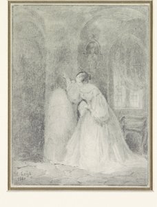 Interior com uma jovem encostada em uma coluna de Henri Leys (baron)