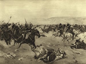 A Carga da Brigada Pesada, Batalha de Balaclava, 1854 (gravura) de Henri Louis Dupray