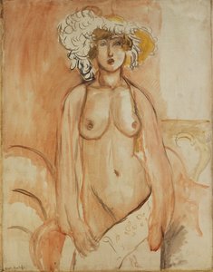 Antoinette de pé, com o tronco barrado, usando um chapéu de penas, c.1918 (óleo sobre tela) de Henri Matisse