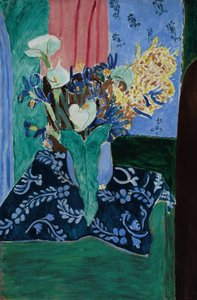 Arums, Iris e Mimosas (Flores num vaso azul sobre uma toalha de mesa azul) de Henri Matisse