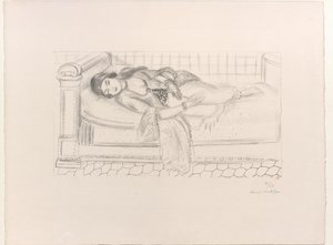 Mulher oriental numa espreguiçadeira, sobre um chão de azulejos vermelhos de Henri Matisse