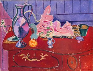 Estatueta e jarro cor-de-rosa sobre uma cómoda vermelha de Henri Matisse