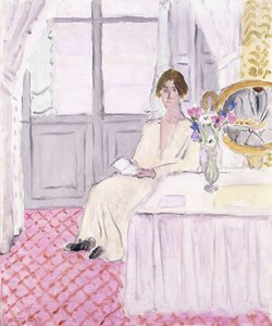 Mulher a ler em frente de uma mesa e de um ramo de flores, Nice de Henri Matisse