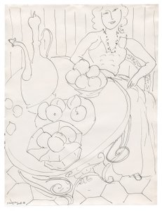 Mulher sentada à mesa com fruta e jarro de Henri Matisse
