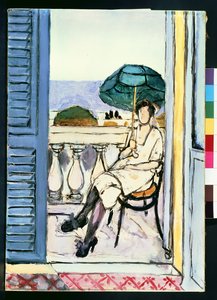 Mulher com um guarda-sol verde numa varanda de Henri Matisse
