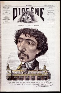 Desenho animado de Charles Garnier, sentado na sua obra, a Ópera Garnier - em "Diógenes" de 11/02/1867 de Henri Meyer