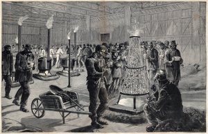 O abrigo nocturno do Palais des Arts Liberaux nos Champs de Mars em 1891 - Desenho de Henri Meyer, Gravação de Navellier em "Le journal illustrious" de 1891 de Henri Meyer