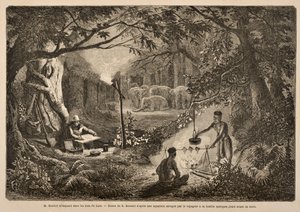Henri Mouhot Camping nas selvas do Laos, ilustração de &39;Viagens nas partes centrais da Indochina (Siam), Camboja e Laos durante os anos 1858, 1859 e 1860&39; por M. Henri Mouhot, publicar de Henri Mouhot