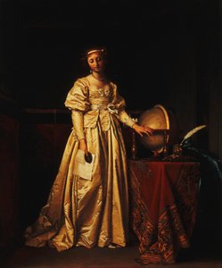 Uma dama no interior, com um vestido de cetim amarelo, com um globo em uma mesa ao lado dela, lamentando a ausência do marido, de Henri Nicolas van Gorp