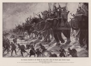 Os elefantes de Aníbal na batalha de Zama, 202 a.C. (litografia) de Henri Paul (after) Motte