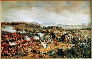 A Batalha de Waterloo 1815 - Cuirassiers franceses atacando Highlanders escoceses em quadrado ... (pintura sobre tela)