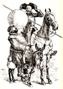 Dom Quixote no seu cavalo, ao lado de Sancho no seu burro