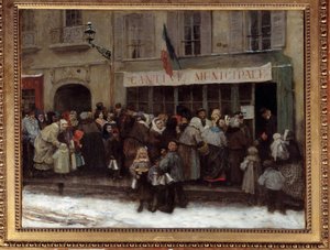 A cantina municipal durante o cerco a Paris, em 1870, os parisienses agitam em frente a uma cantina municipal no momento do cerco da cidade pelos prussianos. Pintura de Henri Pille (1844-1897)