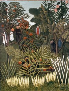 Paisagem exótica com macacos e um papagaio