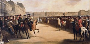 O Czar Pedro I, o Grande da Rússia (1672-1725) acompanhado pelo Regente Filipe II Duque de Orleans (1674-1723) durante a sua visita à França faz um balanço das tropas montadas nas Tuileries (Paris) em 16/06/1717 de Henri Serrur