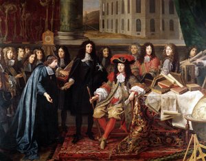 Jean-Baptiste Colbert apresentando os membros da Academia Real de Ciências a Luís XIV, pormenor, c.1667 (óleo sobre tela)