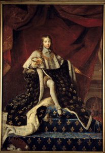 Luís XIV tinha 10 anos (1638-1715), representado em 1648 no seu trono em grande manto real, protector da Academia Real de Pintura e Escultura, rodeava os atributos da ciência e das Artes. Pintura de Henri Testelin (1616 - 1695) (h s/t 2.