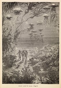 "A walk under the waters" de "20 000 Leagues Under The Sea", c.1870 (gravura)