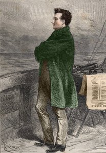 O Professor Aronnax a olhar para o horizonte. Vinte mil lieues sous les mers" (Vinte mil - 20.000 - 20000) de Jules Verne. gravura de Hildibrand "