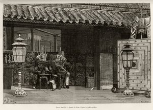 Rei Dong Khanh (1864-1889) Imperador de Annam, casa na cidade imperial de Hue (Vietnã). Gravado por Thiriat, para ilustrar a história "Trente mois au Tonkin" do Dr. Charles Edouard Hocquard (1853-1911), em 1885, em Le tour du monde, nouveau journal de