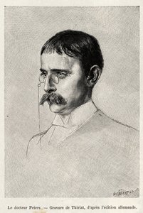 Retrato do Dr. Carl Peters (1856-1918), explorador alemão. Gravado por Thiriat para ilustrar a história "Au secours d