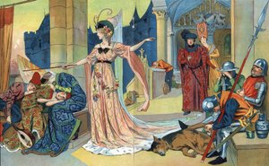 A Taxa encanta os habitantes do castelo com sua varinha mágica para mantê-los adormecidos enquanto a princesa. “”La belle au bois dormant””, conto de Charles Perrault (1628-1703) (bela adormecida) Ilustrações Henri Thiriet (1873-1946). Por volta de 1930
