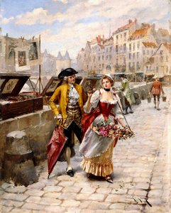 Cavalheiro e florista perto de Book Stalls by the Seine, de Henri Victor Lesur
