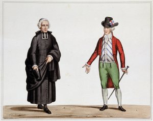 Um representante do Clerge e um homem na moda de Setembro de 1789 - Litografia de Villain, da colecção de trajes, armas e móveis para servir na história da Revolução Francesa e do Império, do Conde Horace de Viel Castel, edição Canson