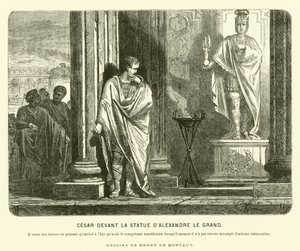 Júlio César perante uma estátua de Alexandre o Grande em Espanha, lamentando a escala dos seus feitos em comparação com os de Alexandre que atingiram a mesma idade da sua morte, c67 a.C. (gravura)