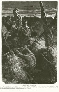 Júlio César, disfarçado de escravo, revelando a sua identidade à tripulação de um barco apanhado numa tempestade ao atravessar o Mar Adriático, 48 a.C. (gravura)
