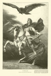 Júlio César a cavalo com uma águia imperial acima dele (gravura)