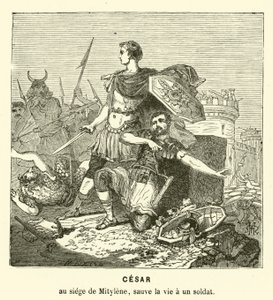 Júlio César salvando a vida de um soldado no Cerco de Mitylene, Lesbos, Grécia, 81 AC (gravura)