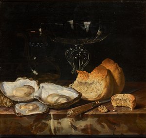 Natureza morta com ostras, pão e taça de vinho veneziano, 1661. de Henri de Fromantiou