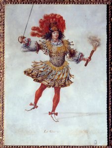 Traje para a Guerra, segurando com uma mão uma tocha e na outra uma espada no balé “” Les noces de Pelee et Thetis”” (Le Nozze di Peleo et di Teti) de Carlo Caprioli (ou Caproli) del Violino, peças em 26/01/1654 no Peer Bourbon. O papel da Guerra de Henri de Gissey