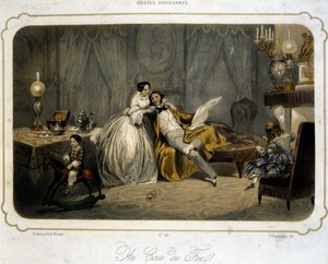 Família burguesa descansando na sala de estar - litografia, v.1820.