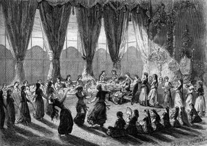 Recepção de damas europeias na sereia do Cairo pela Vice-Rinha do Egipto. As servas trazem os pratos enquanto músicos e dançarinos executam o espectáculo. Século XIX. Gravura de Henri de Montaut em "The Illustrous World" n°320 de 30 de Maio de 1863.