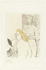 Cabeleireiro penteia cabelo de mulher sentada com espelho na mão
Le coiffeur Programme du Théâtre Libre