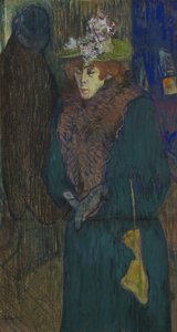 Jane Avril na entrada do Moulin Rouge, vestindo suas luvas, c.1892 de Henri de Toulouse Lautrec