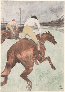 "Le Jockey" Dois jóqueis a cavalo Le jockey (título original) Corrida de cavalos (título da série) Cursos (título da série) de Henri de Toulouse Lautrec