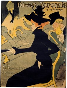 Cartaz para o cabaré parisiense "O sofá japonês" representando a bailarina Jane Avril (1868-1943) e a bailarina Edouard Dujardin (1861-1949) vendo a cantora Yvette Guilbert (1867-1944) se apresentando no palco - Litografia de Henri de Toulouse-Lautr de Henri de Toulouse Lautrec