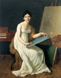 Retrato da artista, de vestido branco e segurando um caderno de desenho de Henriette Lorimier