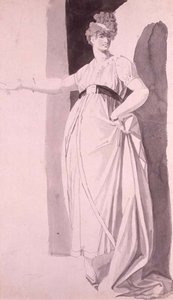 Jovem mulher com um elaborado coiffure de pé com o braço direito estendido (lápis e lavagem) de Johann Heinrich Füssli